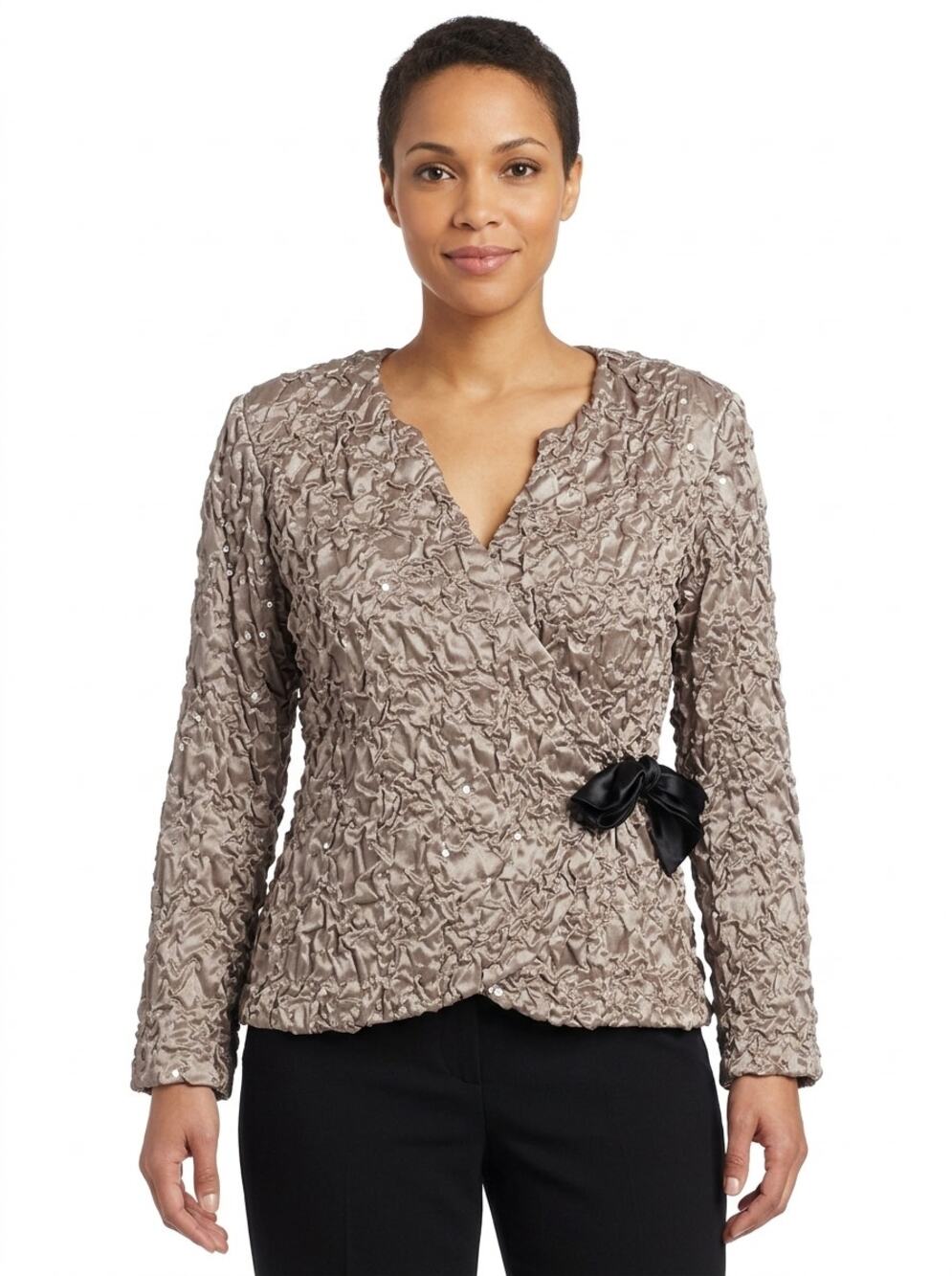 Cachet Beige Metallic Crinkle Wrap V-Neck Lined Jacket Women Size M
